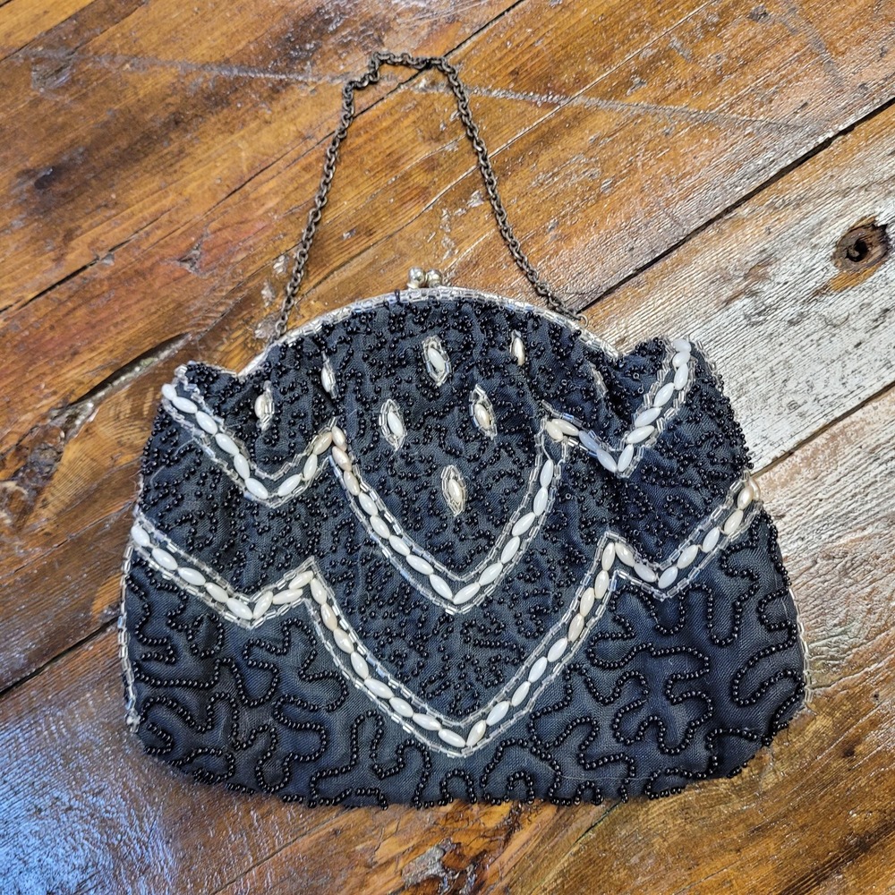 Vintage Handbeaded Black Silver White Evening Bag Tiny Cocktail Purse Clutch